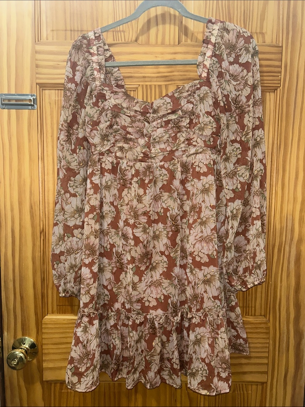 Floral Long-Sleeve Ruffle Tunic Dress in Dusty Rose